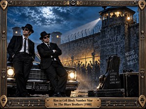 Two sharply dressed bluesmen stand beside a black vintage sedan outside a looming prison under a stormy moonlit sky. Searchlights, razor wire, shadowy crowds, and warm amber haze create tense cinematic energy. Ornate metal framing, musical motifs, instrument cases, and noir blue-gray tones give the scene a dramatic vintage poster style.