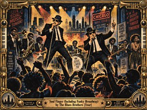 A packed Chicago soul-club stage bursts with brass, swagger, and dancing energy as two black-suited frontmen lead a horn-driven band before a cheering crowd. Warm gold, red, cream, and midnight blue dominate the distressed screen-print style, while dramatic spotlights, skyline silhouettes, retro signage, and an ornate instrument-themed brass frame intensify the jubilant atmosphere.