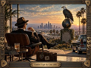 A sharply dressed man relaxes above a glowing city at sunset while a bald eagle perches on a globe nearby. Warm gold light, palm silhouettes, a vintage car, whiskey, and travel objects create a cool, ironic mood. The detailed retro-cinematic composition is enclosed by an ornate guitar-inspired metal frame.