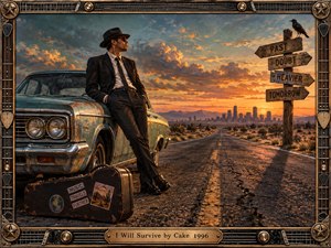 A solitary man in a dark suit leans against a weathered teal car beside an empty desert highway at sunset. Warm orange light, stormy blue clouds, distant city towers, a battered guitar case, and a crow-topped signpost create a cinematic, defiant mood of endurance, departure, and hard-won independence.