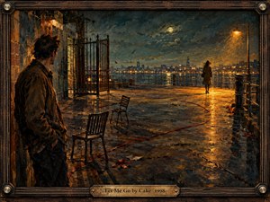 A solitary man watches a woman walk away along a rain-slick waterfront under amber streetlights and a moonlit blue-gray sky. Empty chairs, distant city lights, reflective pavement, and an open iron gate deepen the mood of separation. Rich painterly textures and a guitar-inspired frame create a cinematic, melancholic atmosphere.
