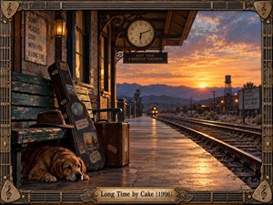 A weathered railway platform glows beneath a dramatic orange sunset, where an old bench, guitar case, suitcase, fedora, resting dog, station clock, and distant train suggest longing and departure. Warm reflections, desert mountains, vintage architecture, and ornate musical framing create a cinematic, nostalgic atmosphere filled with quiet anticipation.
