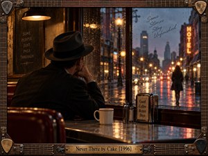 A solitary man in a dark suit and fedora sits inside a warmly lit diner, staring through rain-covered windows toward a blurred woman walking away. Amber interior light contrasts with cool blue city streets and neon reflections. The cinematic noir composition conveys distance, loneliness, regret, and emotional absence.
