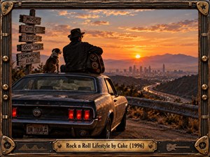A weathered muscle car overlooks a glowing city at sunset as a lone musician and dog sit quietly on its roof. Warm orange light, distant mountains, winding highways, rustic signs, and worn metal textures create a reflective road-worn mood. The cinematic photographic style blends nostalgia, irony, and restless touring energy.