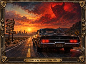 A black vintage sedan races along a desert highway toward a distant city beneath a fiery red and orange sunset. Ominous horned clouds loom overhead while weathered signposts suggest conflicting choices. Dramatic lighting, rugged mountains, glowing taillights, and an ornate amplifier-inspired metal frame create a cinematic, rebellious, surreal atmosphere.