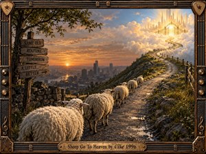 A line of sheep follows a winding mountain road toward a radiant celestial city above the clouds, while a distant modern skyline glows beneath a warm sunset. Rustic signs, stone walls, dramatic golden light, and an ornate guitar-inspired frame create a surreal, reflective mood with richly detailed painterly realism.
