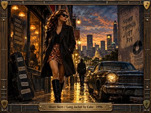A confident woman strides through a rain-slick city street at dusk, framed by glowing storefronts, vintage cars, and distant towers. Warm amber light contrasts with deep blue shadows, creating a stylish, self-assured mood. Painterly realism, reflective pavement, guitar details, and urban signage reinforce the songs sharp, ironic character.