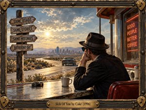 A weary man sits at a roadside diner overlooking a winding desert highway and distant city skyline. Warm sunset light glows across muted browns, golds, and dusty blues, creating a reflective, dissatisfied mood. Weathered signs, vintage car, steaming coffee, neon lettering, and an ornate musical frame reinforce the retro painterly atmosphere.