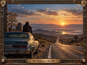A weathered blue car overlooks a winding desert highway descending toward a distant city at sunset. A lone figure sits quietly above the road, surrounded by rugged mountains, golden light, and dramatic clouds. The cinematic composition feels reflective yet determined, framed with ornate wood, metal, strings, and vintage instrument details.