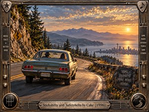 A vintage coupe winds along a mountain highway above a glowing coastal city at sunset, carrying two travelers toward the horizon. Warm gold light contrasts with cool blue water and distant peaks. The highly detailed retro illustration blends cinematic realism with nostalgic road-trip symbolism, framed by weathered metal, guitar hardware, and engraved accents.