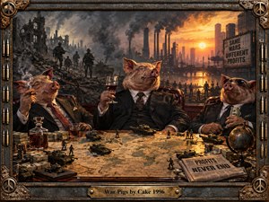 Three pig-headed tycoons lounge over a war-torn world map as soldiers advance through smoky ruins beneath an industrial sunset. Warm amber light contrasts with black smoke, steel, and rubble, creating a cynical, oppressive mood. Cinematic realism, scattered money, tanks, newspapers, and propaganda signs reinforce themes of power, conflict, and profit.