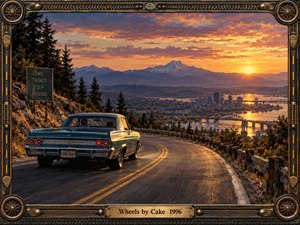 A vintage teal sedan follows a sweeping mountain road toward a river city glowing beneath an orange sunset. Snowcapped peaks, bridges, pine-covered slopes, and reflective water create a nostalgic cinematic atmosphere. Warm golden light contrasts with cool blue shadows, while an ornate mechanical frame and brass title plate reinforce the road-worn retro character.