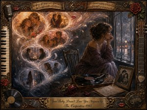 A solitary woman sits beside a rain-streaked window, surrounded by fading memories of love drifting through luminous feathered bubbles in an elegant S-curve. Warm amber romance gradually dissolves into cool blue-gray loneliness. Rich oil-paint textures, soft evening light, wilted roses, vinyl records, photographs, and ornate musical framing deepen the nostalgic heartbreak.