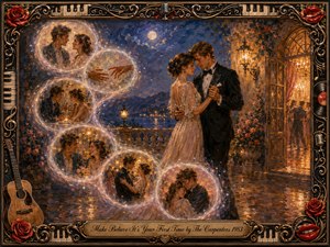 A romantic oil painting shows an elegantly dressed couple dancing beneath moonlight and warm lantern glow, surrounded by luminous memory bubbles flowing in an S-curve. Deep blues, golds, blush tones, and creamy highlights create a nostalgic atmosphere, while roses, musical instruments, piano keys, vinyl records, and ornate metalwork enrich the decorative frame.