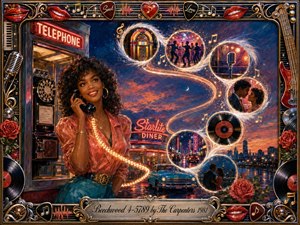A smiling woman holds a vintage telephone beside a neon-lit diner at twilight, surrounded by glowing feathered bubbles forming an elegant S-curve of romantic memories. Rich coral, teal, gold, and midnight blue tones shimmer with reflected light. Painterly acrylic textures, records, roses, microphones, music symbols, and an ornate retro frame heighten the nostalgic mood.
