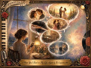 A wistful woman sits beside a twilight window, holding a cherished photograph as glowing feather-edged memory bubbles sweep upward in an S-curve toward reunion. Warm gold, blush, teal, and blue watercolor tones create nostalgic romance, framed by piano keys, roses, records, musical ornaments, soft lights, and an engraved brass title plate.