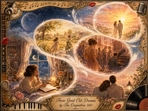 A dreamy mixed-media painting presents cherished memories flowing through luminous feathered bubbles in an elegant S-curve. Warm gold, peach, cream, and twilight blue illuminate childhood, music, romance, and reflection. An ornate vintage musical frame features piano keys, guitar strings, red lips, a microphone, vinyl, flowers, and an engraved title plate.