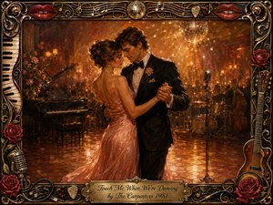 A romantic couple slow-dances in an elegant vintage ballroom, surrounded by warm amber light, shimmering reflections, and soft musical ambience. Rich rose, gold, brown, and black tones enhance the intimate mood. Painted in expressive oil-painting style, the scene is framed with ornate roses, instruments, musical notes, red lips, and gilded details.