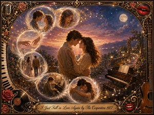 A romantic couple embraces on a moonlit terrace overlooking glowing water and distant mountains, surrounded by featherlike memory bubbles forming a graceful S-curve. Warm gold, rose, lavender, and midnight blue tones create a nostalgic mood. Ornate musical framing, piano imagery, roses, red lips, and luminous notes complete the richly detailed oil-painted composition.