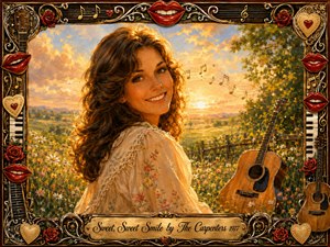 A radiant woman smiles warmly in a wildflower meadow at golden sunset, with an acoustic guitar resting beside her and musical notes drifting through the glowing sky. Rich gold, red, cream, and green tones enhance the romantic acrylic-painted style, while an ornate frame of roses, lips, instruments, hearts, and filigree completes the nostalgic composition.
