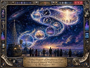 A luminous cosmic scene shows people gathered beneath a star-filled sky, sending peaceful signals toward a radiant spacecraft. Feather-like bubbles sweep upward in an elegant S-curve, carrying planets, music, and radio imagery. Deep blues, violets, golds, and glowing whites create a hopeful, mysterious atmosphere within an ornate retro-futuristic musical frame.