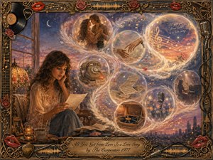 A wistful woman reads a love letter beside a warm lamp as glowing memory bubbles sweep through the twilight scene in a graceful S-curve. Couples, reaching hands, sheet music, a telephone, record player, microphone, and musical notes float in amber, rose, lavender, and blue, framed by ornate vintage music motifs.
