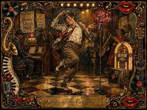 A playful dancer kicks across a checkerboard floor in a warmly lit vintage jazz club, surrounded by smiling musicians, piano, saxophone, microphone, and glowing jukebox. Rich amber, burgundy, cream, and brass tones enhance the lively mixed-media style, while an ornate music-themed frame and engraved title plate complete the nostalgic scene.