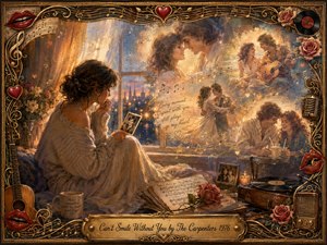 A wistful woman sits beside a glowing window, holding a treasured photograph as warm memories of love drift around her in luminous vignettes. Golden light, blush roses, cream fabrics, music notes, sheet music, and vintage instruments create a tender 1970s atmosphere, framed by ornate romantic musical details and an engraved title plate.