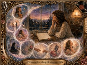 A wistful woman sits beside a rain-streaked window at twilight, surrounded by glowing feathered bubbles of memories, romance, music, and longing. Warm amber lamplight contrasts with lavender-blue city skies, while roses, stars, piano keys, a microphone, and a vinyl record enrich the ornate golden frame in a dreamy watercolor-gouache style.