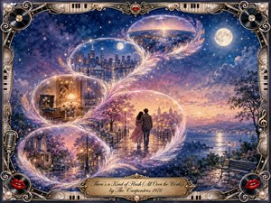 A romantic watercolor nightscape unfolds through glowing feather-edged bubbles arranged in a graceful S-curve, linking a strolling couple, cozy record room, quiet neighborhood, city skyline, and distant horizon. Deep blues, lavender, rose, and gold shimmer under moonlight, framed by ornate musical filigree, piano keys, records, red lips, and an engraved title plate.