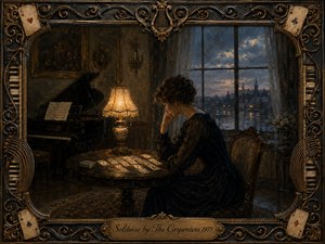 A solitary woman sits at a round table playing solitaire in a dim vintage parlor, surrounded by quiet melancholy. Warm amber lamplight contrasts with the cool blue-gray rainy window beyond. Rich oil-paint textures, a shadowed piano, scattered cards, and an ornate bronze musical frame create an elegant, nostalgic atmosphere.