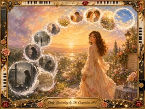 A reflective woman in a flowing floral dress stands on a sunlit garden terrace as feather-edged memory bubbles sweep upward in an elegant S-curve. Golden sunrise light, pastel skies, roses, and glowing countryside shift the mood from rainy loneliness to renewed love. Ornate musical framing enhances the richly detailed romantic acrylic style.