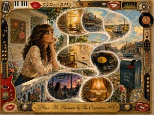 A wistful young woman waits on a flower-lined porch as glowing feathered vignettes curve across a nostalgic small-town scene. Warm gold, cream, coral, teal, and sunset blue create a tender 1970s mood. Mixed-media collage textures, musical symbols, records, instruments, a mailbox, and ornate framing emphasize longing, memory, and hopeful anticipation.