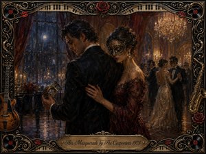A richly textured oil painting portrays an elegant masked couple standing close yet emotionally distant in a candlelit ballroom. Deep burgundy, midnight blue, antique gold, and warm amber tones create a romantic melancholy. Rainy windows, chandeliers, dancing guests, roses, instruments, vinyl records, ornate filigree, and the engraved title frame complete the theatrical scene.