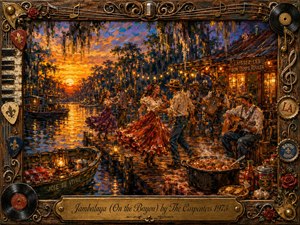 A lively bayou celebration unfolds at sunset, where dancers twirl beside musicians on a lantern-lit dock surrounded by moss-draped cypress trees and shimmering water. Rich oranges, reds, blues, and golds glow through expressive acrylic brushwork. A steaming jambalaya pot, rustic boats, musical details, and an ornate vintage frame complete the joyful scene.