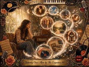 A wistful young woman sits beside a sunlit window and vintage stereo as glowing memory bubbles sweep upward in a graceful S-curve. Warm amber, sepia, rose, and dusty-blue tones create a nostalgic mood. Ornate musical framing, roses, records, microphones, photographs, a jukebox, and soft golden sparkles enrich the painterly collage.