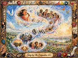 A joyful mixed-media dreamscape celebrates singing through a sweeping S-curve of feathered bubbles, musical notes, children, choirs, guitars, piano keys, and microphones. Bright blues, golds, reds, and pastels glow beneath warm sunlight. An ornate music-themed frame surrounds the lively watercolor scene, anchored by an elegant engraved title plate.