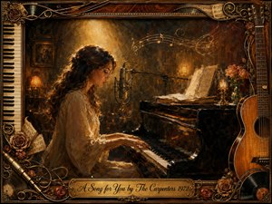 A warmly lit oil painting shows a woman seated at a glossy grand piano, singing into a vintage microphone in an intimate, nostalgic studio. Golden amber light, deep browns, roses, sheet music, and floating musical notes create a tender mood, framed by ornate piano keys, guitar details, records, and brass ornamentation.