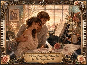 A tender couple embraces beside a piano in a warmly glowing music room, surrounded by roses, sheet music, vintage microphones, and floating musical notes. Golden sunset light creates a nostalgic, romantic atmosphere in soft cream, peach, blush, and brown tones. An ornate music-themed frame and engraved title plate complete the painterly composition.