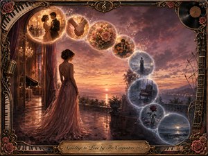 A solitary woman in a flowing mauve gown stands on a twilight terrace, watching a glowing sunset as luminous memory bubbles curve in an S-shape from warm romance to quiet loneliness. Rich rose, gold, purple, and blue tones, soft cinematic light, ornate musical framing, roses, piano keys, vinyl, and engraved title plate complete the painterly scene.