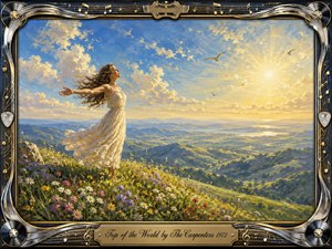 A joyful woman in a flowing cream dress stands among colorful wildflowers on a sunlit mountaintop, arms open toward a radiant golden sky. Rolling green valleys stretch into the distance beneath soaring birds and soft clouds. Rich painterly textures, luminous blues and golds, and an ornate music-themed metallic frame create an uplifting, celebratory mood.