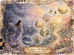A contemplative woman walks from a cool, rain-shadowed terrace toward a radiant garden, while translucent feathered bubbles curve upward in an S-shaped timeline of blossoms, birds, pathways, and sunrise. Soft watercolor washes shift from lavender-blue to warm gold and pink, framed by roses, piano keys, sheet music, vinyl, and musical ornamentation.