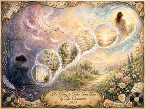 A dreamy watercolor scene traces emotional healing from a shadowed, contemplative woman toward a luminous garden and sunrise. Feather-lined bubbles curve gracefully through the composition, holding symbols of renewal, music, and hope. Cool lavenders and blues gradually warm into peach, gold, and green, framed by roses, sheet music, records, and elegant musical ornamentation.