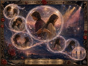 A dreamlike acrylic painting traces a troubled romance through glowing bubbles arranged in a sweeping S-curve. Warm roses, drifting feathers, cracked reflections, and nearly touching hands evoke tenderness and regret. Dusky blues, mauves, burgundy, and gold create a wistful twilight mood, framed by ornate musical motifs and vintage details.