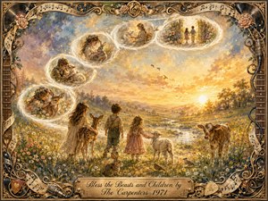 Children and gentle animals gather in a flowered meadow beneath a glowing golden sunset, while luminous feathered vignettes sweep upward in a graceful S-curve. Warm gold, cream, blue, and sage tones create a tender, hopeful mood. An ornate music-themed frame of sheet music, roses, records, strings, and microphones completes the nostalgic watercolor-style composition.