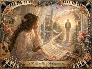 A wistful woman gazes from a rose-filled room toward a man approaching along a glowing garden path, expressing longing and hopeful devotion. Warm gold, blush pink, cream, and muted green tones bathe the dreamy watercolor scene, while swirling music, petals, piano keys, records, guitar, microphone, and ornate vintage framing enrich the romantic composition.
