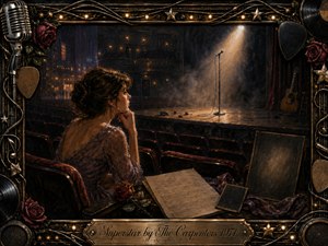 A solitary woman sits in a shadowed theater, gazing toward an empty stage where a single microphone glows beneath a warm spotlight. Rich amber, burgundy, bronze, and deep brown tones create a wistful mood. Painterly oil textures, roses, records, cables, stars, and musical ornaments form an elegant vintage frame.