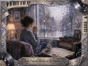 A solitary woman sits beside a rain-streaked window, warming her hands around a cup while gazing into a misty, reflective street. Muted blues, grays, lavender, and warm amber light create a tender melancholy. Painterly watercolor textures, sheet music, a vintage turntable, piano keys, records, raindrops, and an engraved musical frame complete the nostalgic scene.