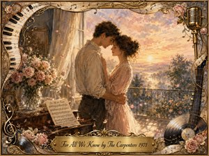 A tender couple embraces beside an open balcony at sunrise, surrounded by pale roses, drifting petals, and sheet music. Warm gold, blush pink, cream, and lavender tones create a nostalgic, romantic mood. Painterly watercolor textures, glowing light, musical ornamentation, and an ornate framed title plate complete the graceful composition.