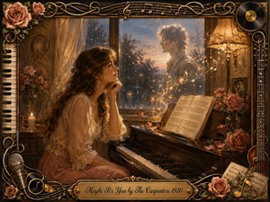 A contemplative woman sits beside a dark piano in a warmly lit room, gazing toward a rain-speckled window where a luminous figure appears like a cherished memory. Golden lamplight, twilight blues, roses, sheet music, and floating notes create a tender, romantic mood, framed by ornate musical details in a nostalgic oil-painting style.